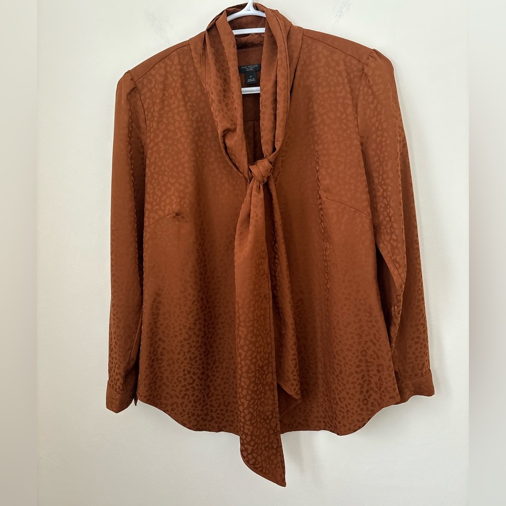 Anne Taylor copper coloured tie-neck blouse